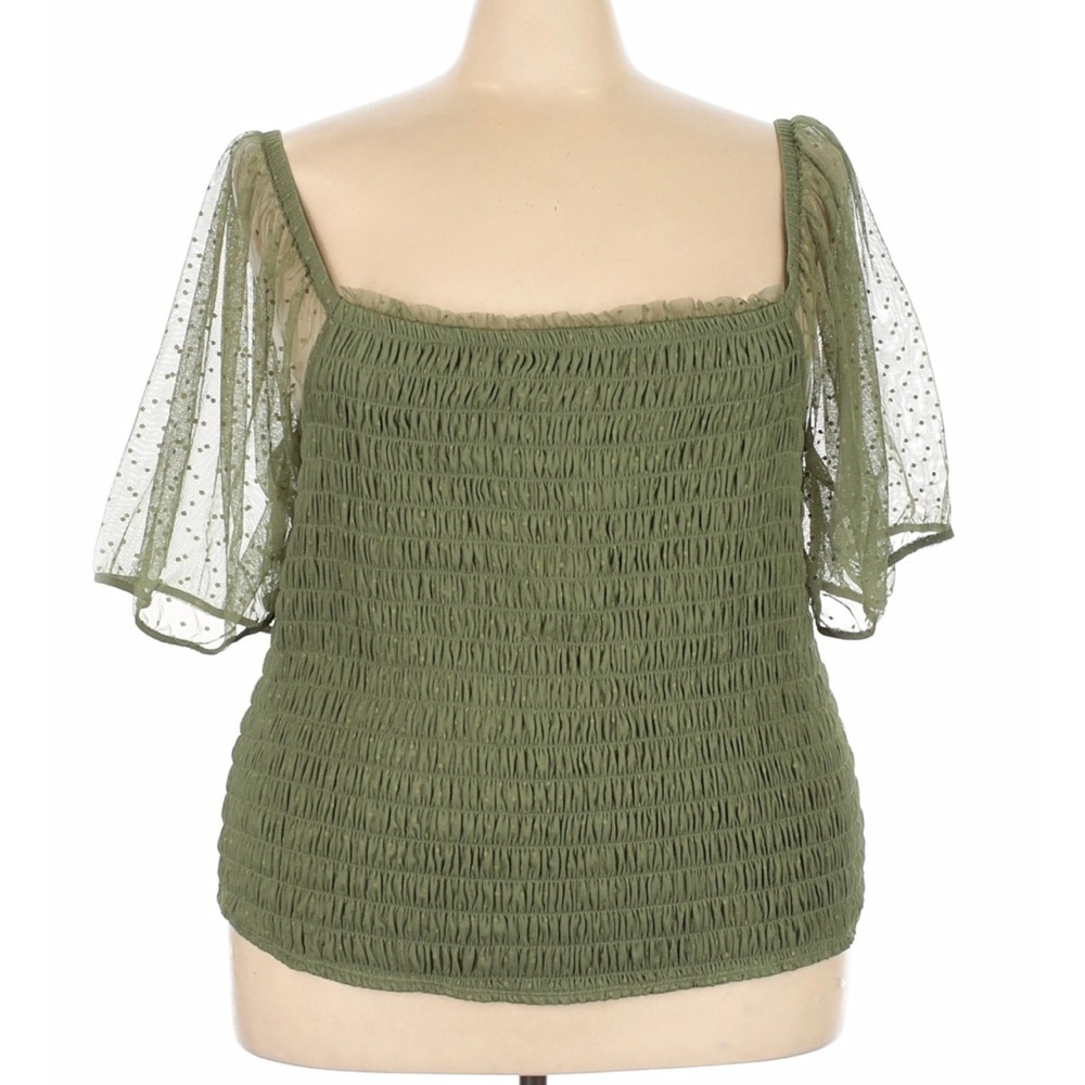 NWT Torrid Smocked Square Neck Crop Top 6X Olive Green Mesh Sleeve Cottagecore - Picture 2 of 6
